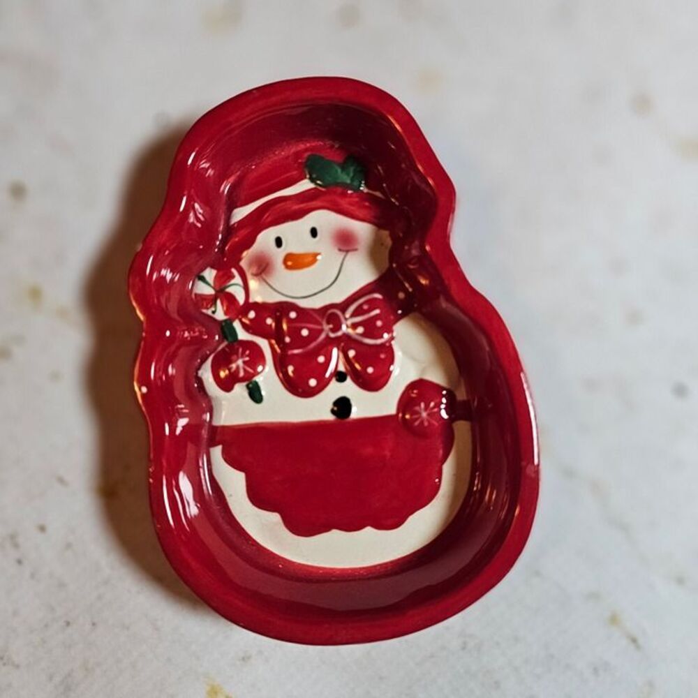 Ceramic Snowman Christmas Dish • Red Candy/Trinket Bowl • Microwave & Dishwasher